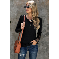 Black Crochet Lace Hem Sleeve Button Top