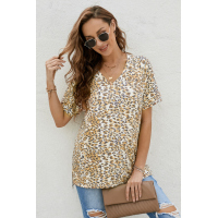 Yellow V Neck Front Pocket Leopard Tee