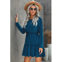 Blue Long Sleeve Ruffled Solid Swing Mini Dress