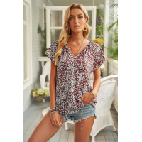 Brown V-neck Short Sleeve Fashion Print Fantasy Fluttering Blouse