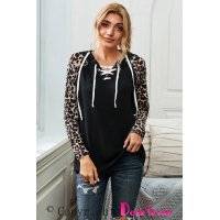 Lace Up Neck Leopard Long Sleeves Top