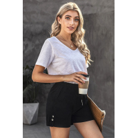 Black Elastic Waistband Pocket Drawstring Shorts with Button