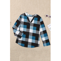 Sky Blue Contrast Plaid V Neck Long Sleeve Top