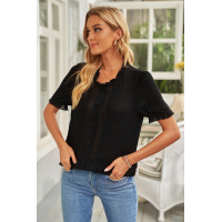 Black Lace Crochet Frilled Short Sleeve Top