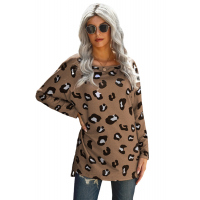 Brown Crew Collar Leopard Print High/Low Hem Long Sleeve Top