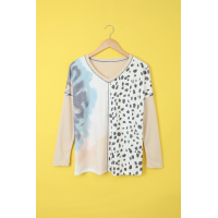 Apricot V Neck Tie-dye&Leopard Splice Waffle Knit Long Sleeve Top