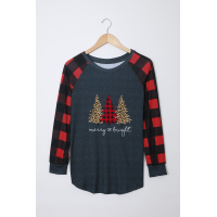 Leopard Christmas Tree Print Splice Red Plaid Long Sleeve Top