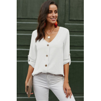 White Button Detail Roll Up Sleeve Blouse