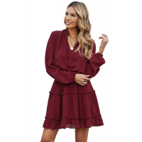 Wine V Neck Long Sleeve Ruffle Tiered Mini Dress