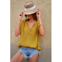 Yellow Lace Splicing V-Neck Swiss Dot Short Sleeve Top