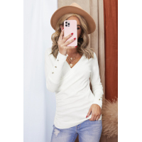 White V Neck Ribbed Textured Pleated Top with Buttoned Long Sleeves