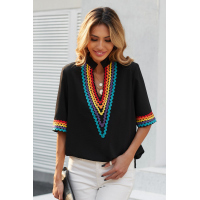 Black Ethnic Colorblock Short Sleeves Top