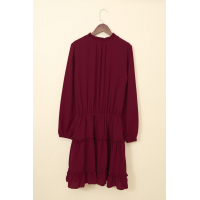 Wine V Neck Long Sleeve Ruffle Tiered Mini Dress