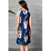 Blue Backdrop Floral Print A-line Loose T-shirt Dress