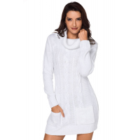 White Cowl Neck Cable Knit Sweater Dress