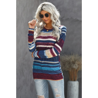 Blue Striped Tie Dye Knit Long Sleeve Top