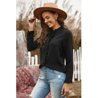 Black Frilled Neckline Buttoned French Shirt