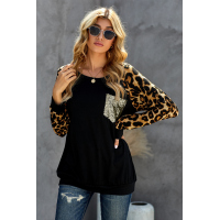 Black Round Neck Leopard Print Sequin Long Sleeve Top