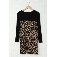 Leopard Print Splicing Black Cotton Mini Dress