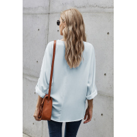 White V Neck 3/4 Sleeve High Low Hem Shirt