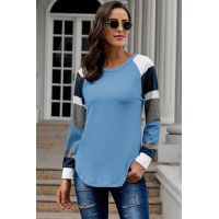 Color Block Long Sleeves Blue Pullover Top