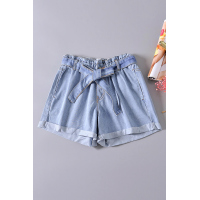 Light Blue Paper Bag Waist Denim Shorts