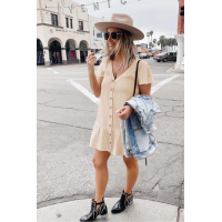 Beige Pocketed Button Ruffle Dress