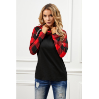 Black Cowl Neck Plaid Splice Casual Long Sleeve Top