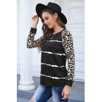 Black Leopard Sleeve Tie-dye Stripe Print Top