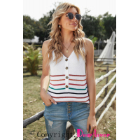 White V Neck Striped Pattern Knit Tank Top with Buttons