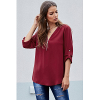 Red Casual V Neck Zip up Half Sleeve Blouse