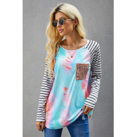 Sequin Pocket Tie-dye Panel Striped Sleeve Top