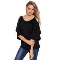 Black Layered Sleeves Ruffled Off Shoulder Blouse