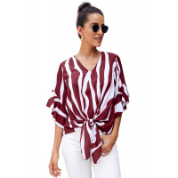 Red Vertical Stripes V Neck 3/4 Sleeve Blouse