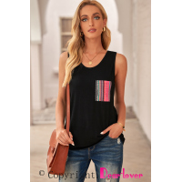 Black Casual Women Tank Top with Multicolor Pocket