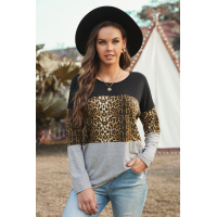 Gray Colorblock Leopard Patchwork Long Sleeve Top