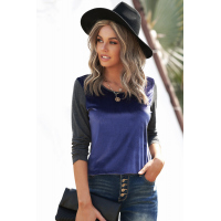 Dark Blue Round Neck Color Block Velvet Pleated Long Sleeve Top