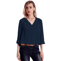 Royal Blue Lapel V Neck Roll Sleeve Blouse