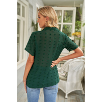 Green Buttoned Swiss Dot Turn-down Collar Short Sleeve Shirt