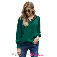 V Neck Lace Patchwork Green Blouse