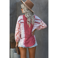 Pink Letter Print Cut-out Tie Dye Lantern Long Sleeve Top