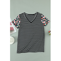 Floral Sleeves Striped T-shirt