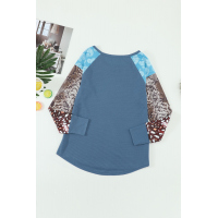 Blue Raglan Sleeve Leopard&Snakeskin Splicing Waffle Top