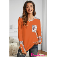 Orange Leopard Splicing Long Sleeve Top with Button Details