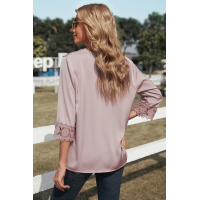 Pink 3/4 Sleeves Crochet Detail V Neck Blouse