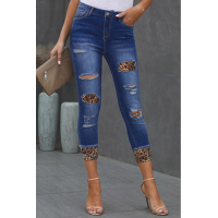 Distressed Leopard Patches Blue Skinny Jeans