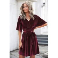 Burgundy V-neck Half Sleeve Velvet Mini Dress with Belt