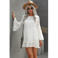 White O Neck Flare Sleeve Solid Color Hollow Out Mini Dress