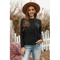 Black Frilled Neckline Buttoned French Shirt