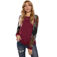 Wine Ethnic Print Raglan Top